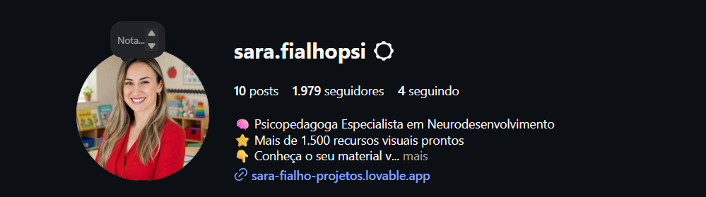 Perfil de Sara Fialho no Instagram - @sara.fialhopsi - Psicopedagoga Especialista em Neurodesenvolvimento